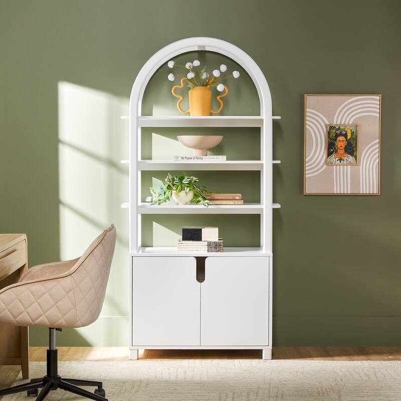 Walker Edison Modern Wood Arched Cabinet Bookcase with Storage - White
