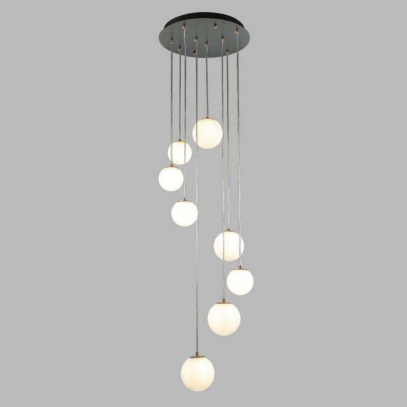 18'' 8-Light Modern White Opal Glass Staircase Chandelier Globe Bubble Glass Pendant In Matte Black For Foyer Entryway - W18'' - W18'' - Antique Brass/Matte Black