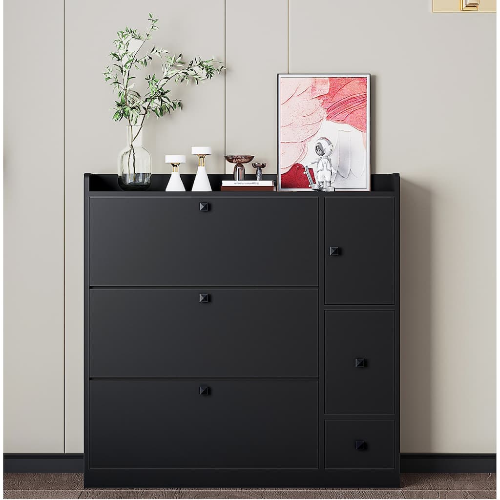 Modern Shoe Cabinet with Pull-Down Seat & 3 Flip Drawers, Freestanding Entryway Storage