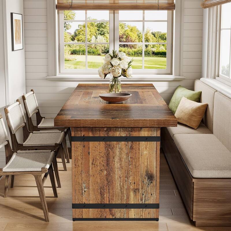 63" Industrial Dining Table, Rectangle Farmhouse Wood Kitchen Table with Metal-Trimmed Pedestal Base
