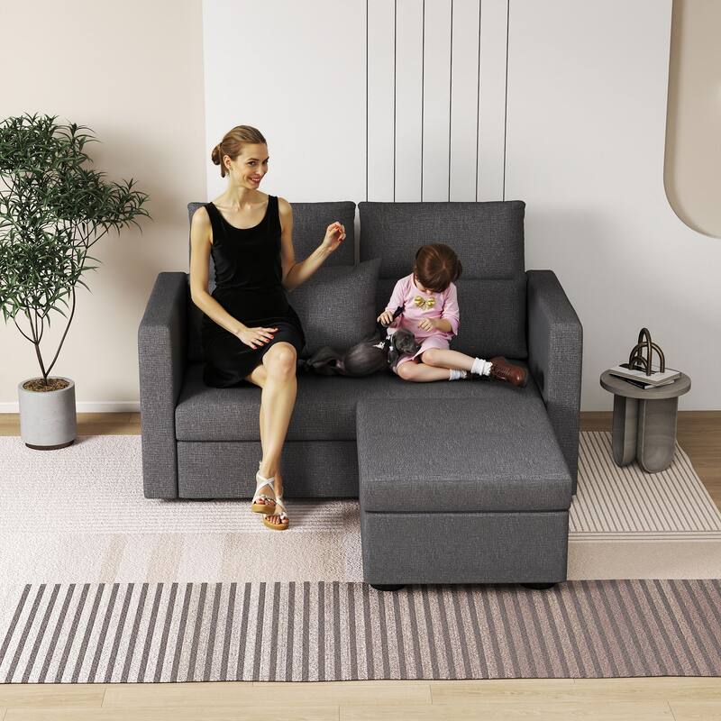 Linen Sectional Couches Modular Sofa with Ottoman for Living Room - Grey