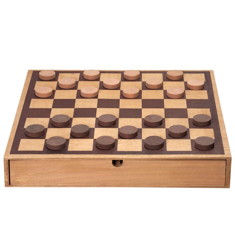 American Art Decor Wood Chess & Checkers Board Game Set with Drawer Tabletop Decor - 2.5" H x 16" L x 16" D