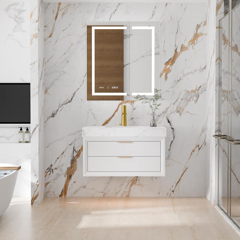 Modland 36" Wall-Mount Vanity with LED Light & 2 Soft-Close Drawers - Solid Oak, Black,White,Blue,Green - 36 inch