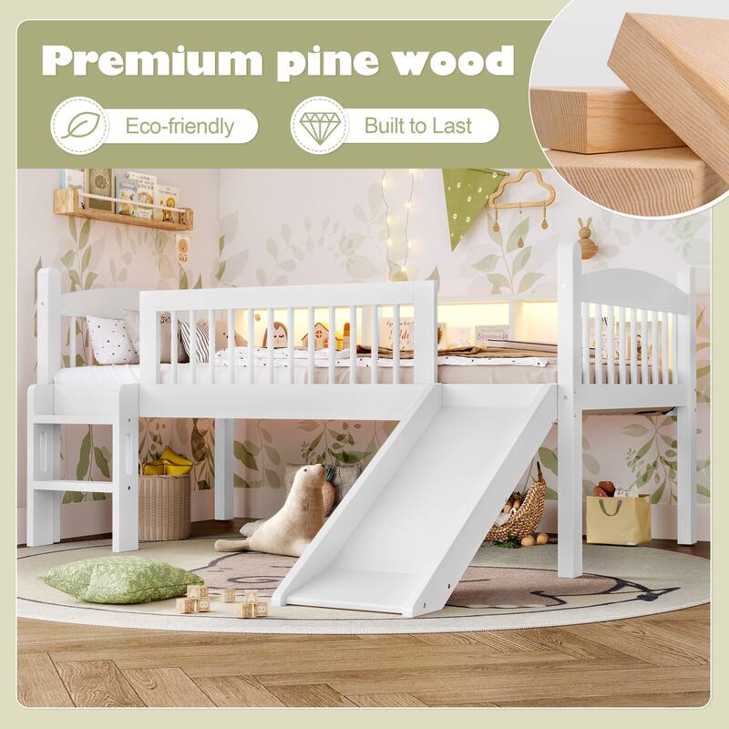 Twin XL Loft Bed with Storage Shelves, LED Lights & Guardrails