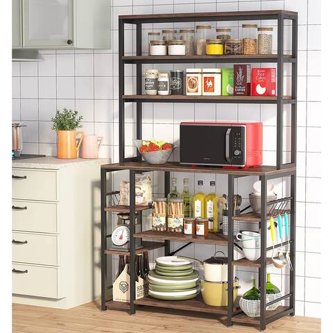 5 Tiers Kitchen Bakers Rack with Hutch, Microwave Oven Stand, Wood Coffee Bar Table with Shelves