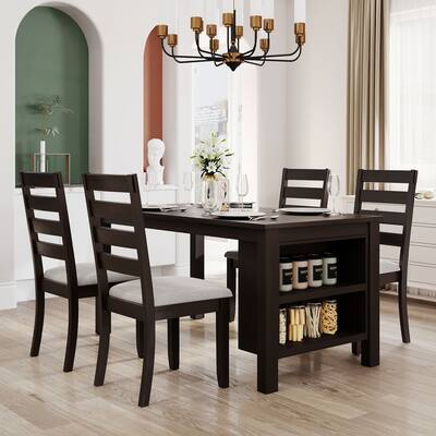 5-Piece Farmhouse Wood Dining Table Set with 2-Tier Storage Shelves, Wood Rectangle Dining Table with 4 Padded Chairs, Espresso