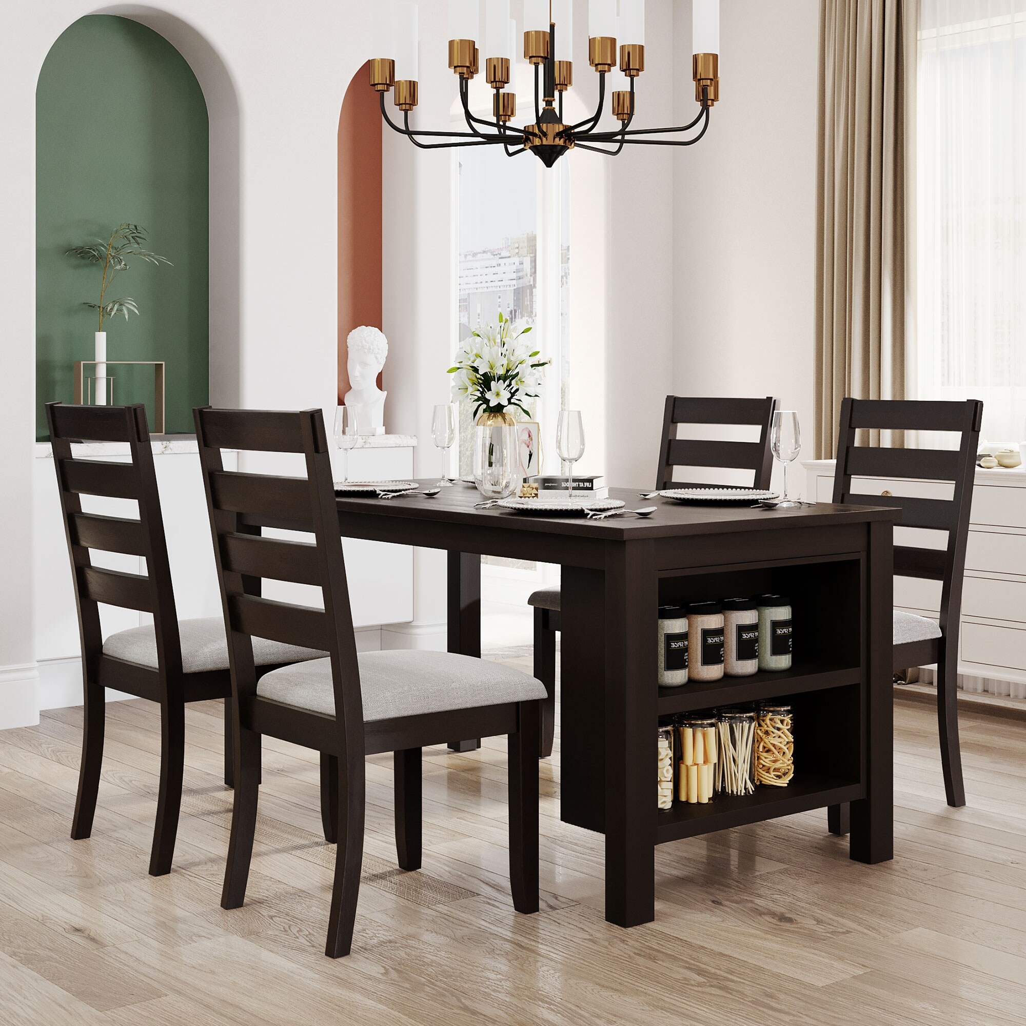 Wood 5 Piece Dining Table Set with 2 Tier Storage Shelves Kitchen