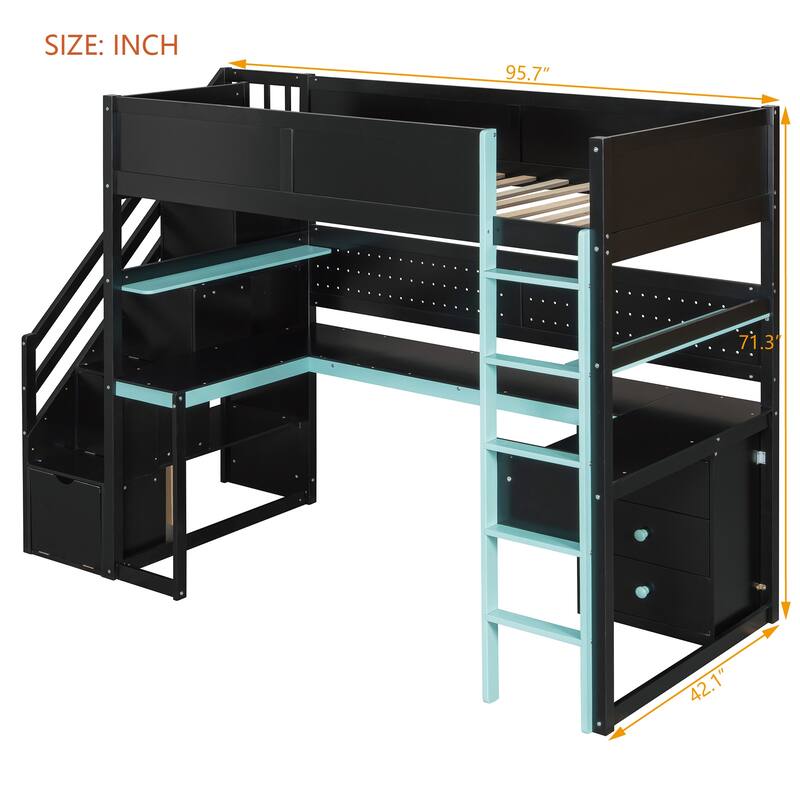Gaming Loft Bed with Recessed Table Cabinet Pegboard Storage Stairs