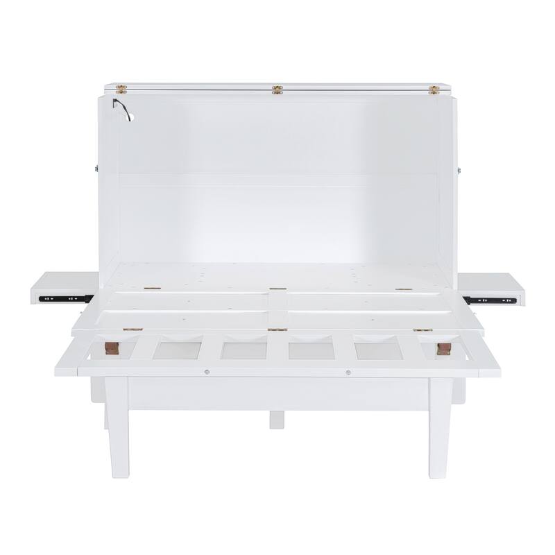 White Murphy Bed Cabinet Bed with USB Port and Desk for Space-Saving, Full Size Platform Bed with Removable Shelves on Each Side