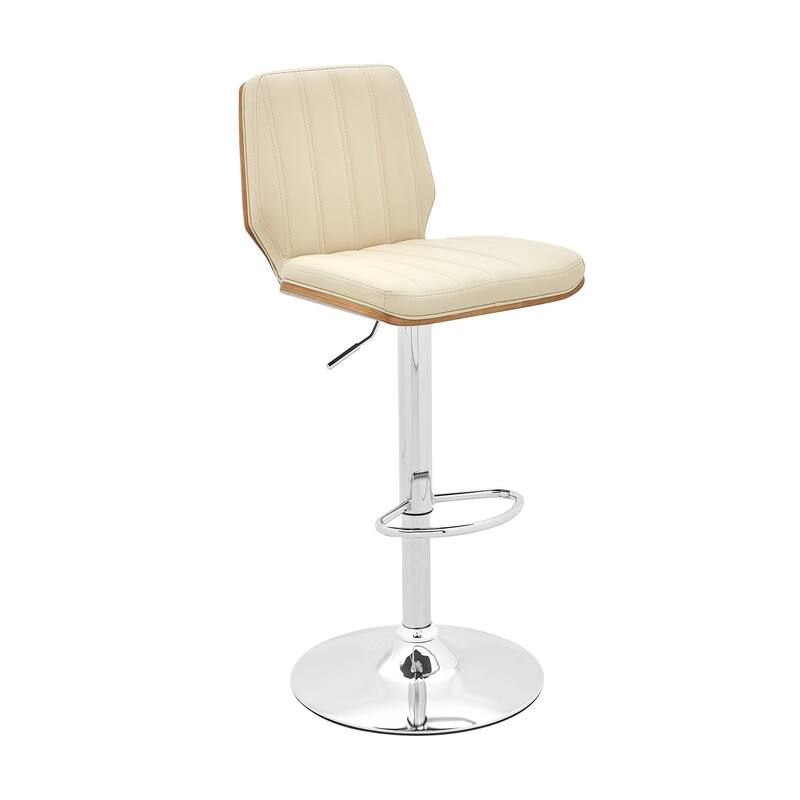 Adjustable Swivel Bar Stool with Grey Faux Leather Seat, Walnut Backrest and Chrome Base, Modern Home Bar Seating