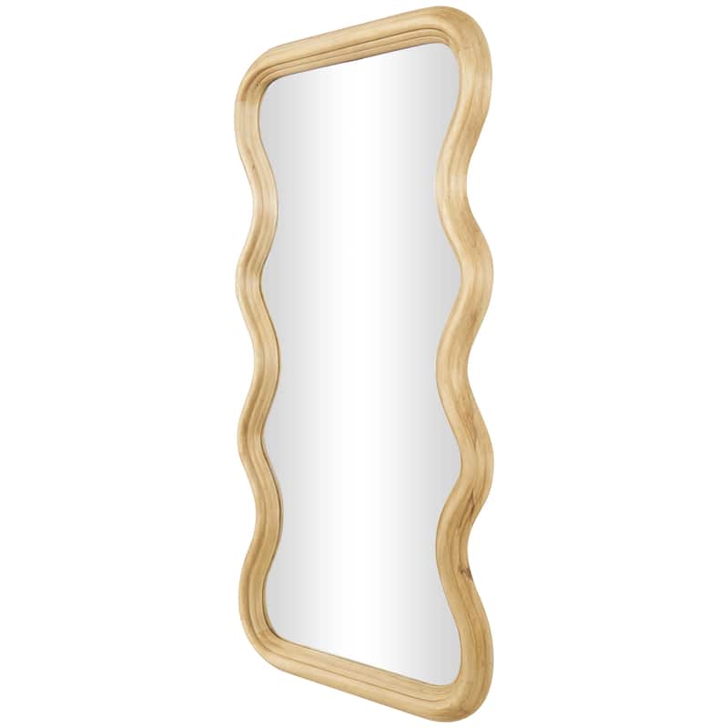 Brown Wood Wavy Room Wall Mirror with Dimensional Carved Frame