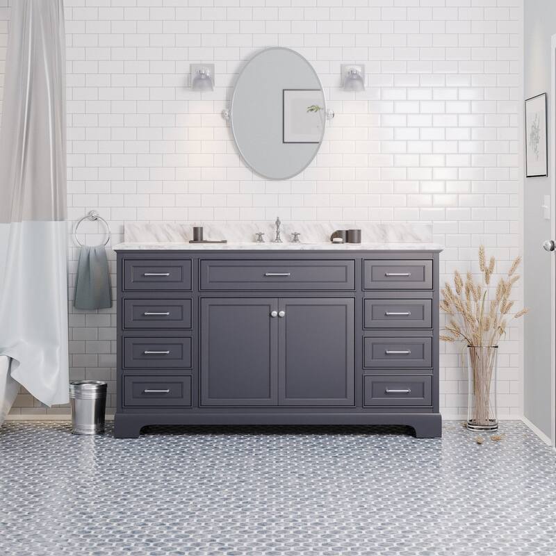 KitchenBathCollection Aria 60" Single Bathroom Vanity with Carrara Marble Top - Marine Gray