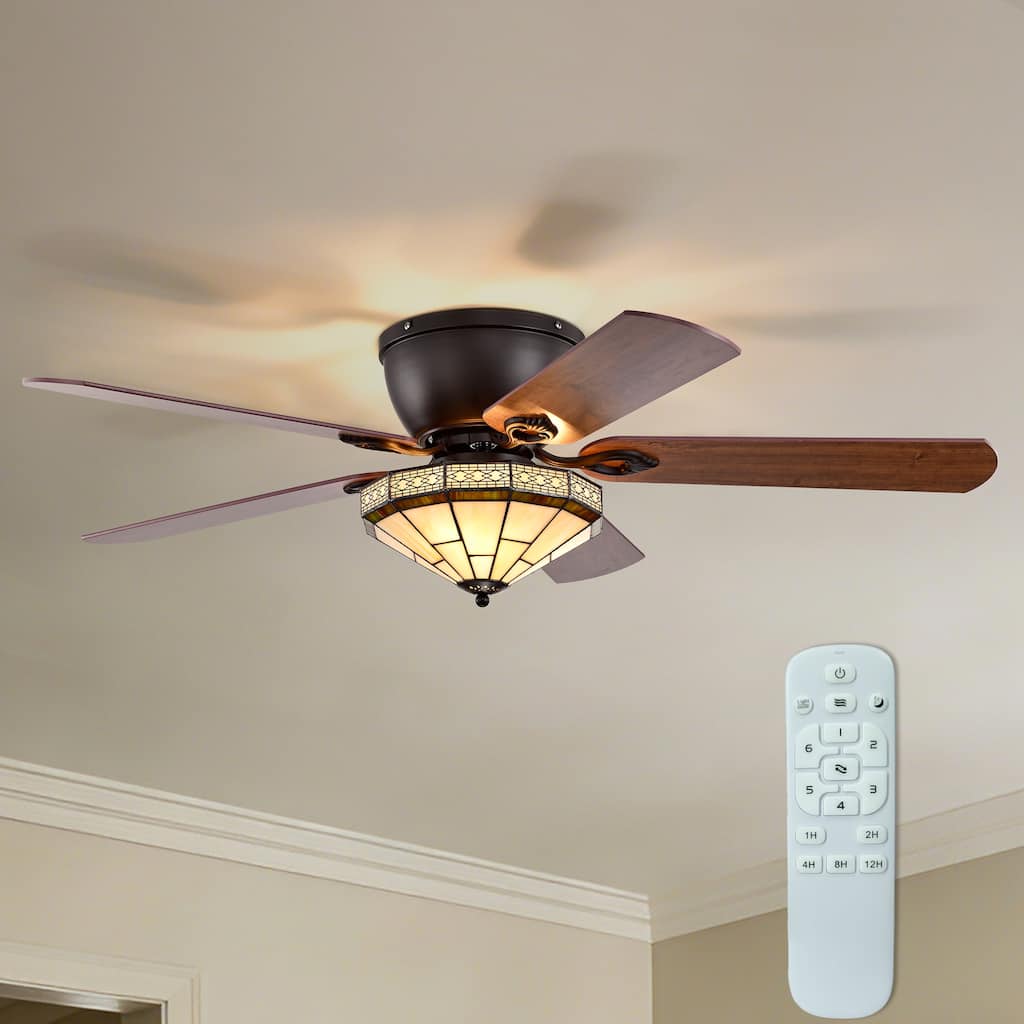 Margno 52-Inch Flushmount Lighted Ceiling Fan Jewel Cut Design Tiffany Glass Lamp Black Finish