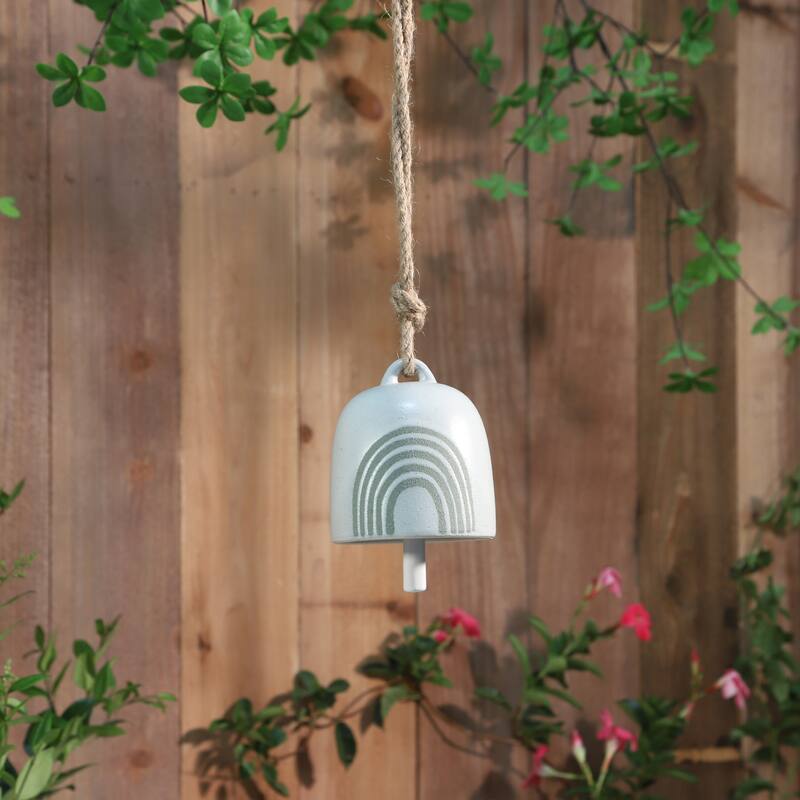 Sagebrook Home Hanging Bell Decorative Wind Chime White and Beige Circle Design Outdoor or Indoor - 4" x 4" x 4" - White-Green