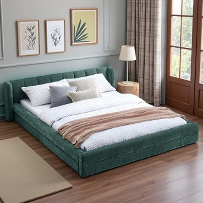 Queen Size Grounded Upholstered Platform Bed with Soft Chenille Fabric, Headboard & Solid Frame - Blue+Green