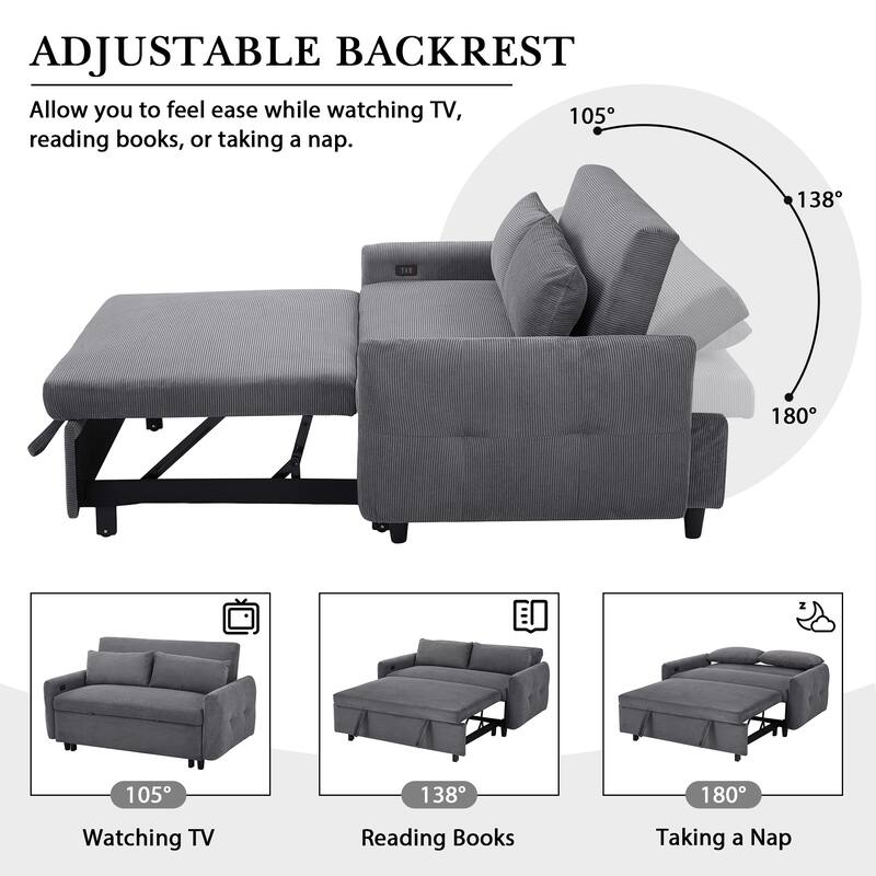 57.48" Corduroy Convertible Sofa Bed with Pull-Out Sleeper, Adjustable Backrest & USB
