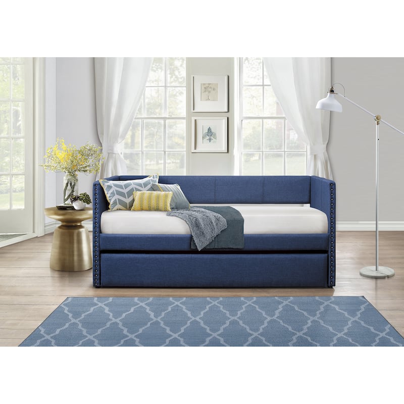 Fabric Upholstered Day Bed with Pull-out Trundle Nailhead Trim Wood