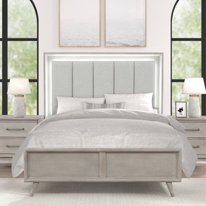Roundhill Furniture Seluna 4-Piece Bedroom Set with Touch LED Lighting, Gray Oak Finish