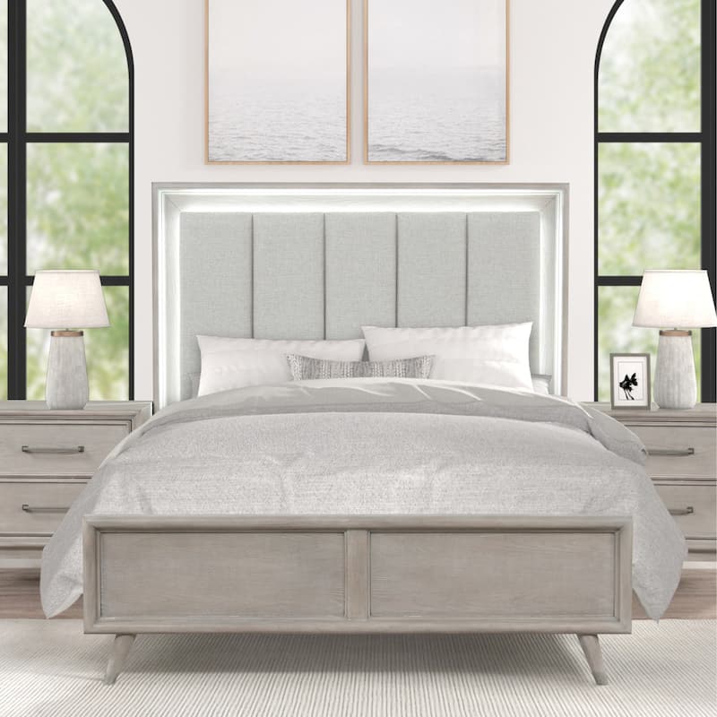 Roundhill Furniture Seluna 6-Piece Bedroom Set with Touch LED Lighting, Gray Oak Finish