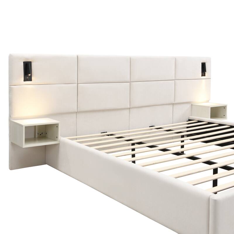 Christopher Knight Home - Mid-Century Modern Chenille Upholstered Smart Bed with Reading Lights & Built-In Shelves