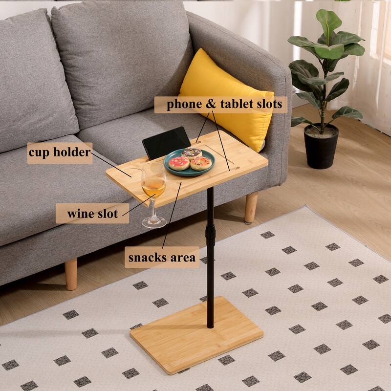 Adjustable Bamboo Sofa Tray Table with Rotating Stand & Storage