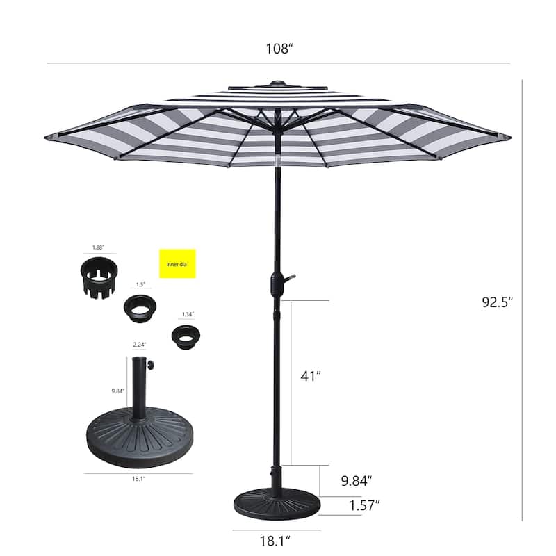 9 Feet Black/White Strip Tilt Market Umbrella with Stand/Base Set