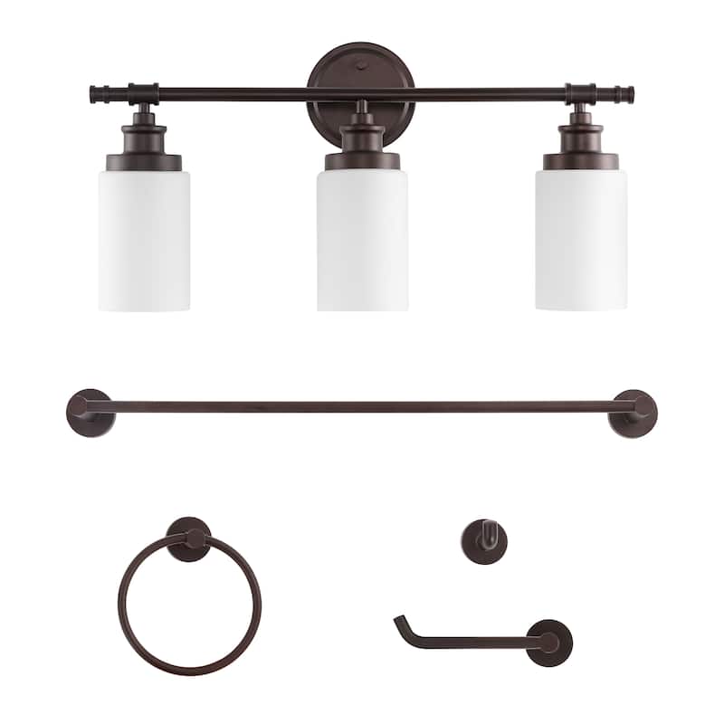 Hugo 23.25" 3-Light Classic Vanity Light with Frosted Glass Shades and Bathroom Hardware Accessory Set, (5-Piece) by JONATHAN Y