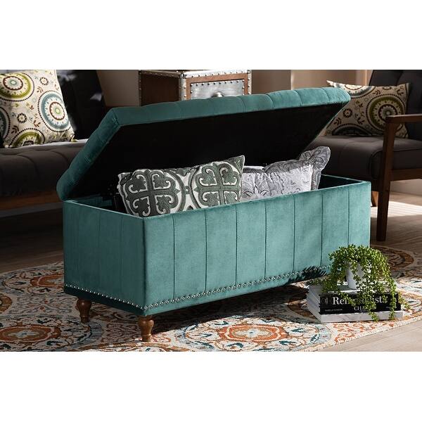 Shop Theodore Teal Blue Velvet Fabric Button Tufted Storage