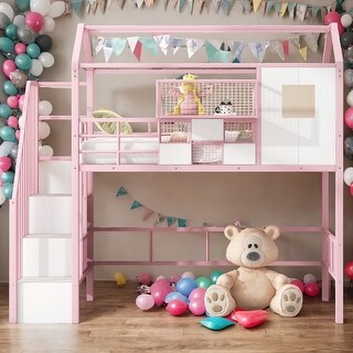 Stylish Metal Loft Bed with Roof Design and A Storage Box, Twin, Pink