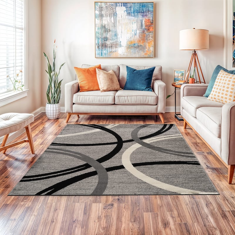 World Rug Gallery Contemporary Abstract Circles Design Area Rug - 6'6x"6'6" Sq - Gray