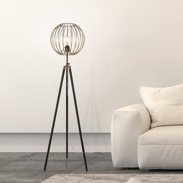 slide 2 of 8, Parry Industrial Metal Tripod Floor Lamp in Antique Brass Finish Brass