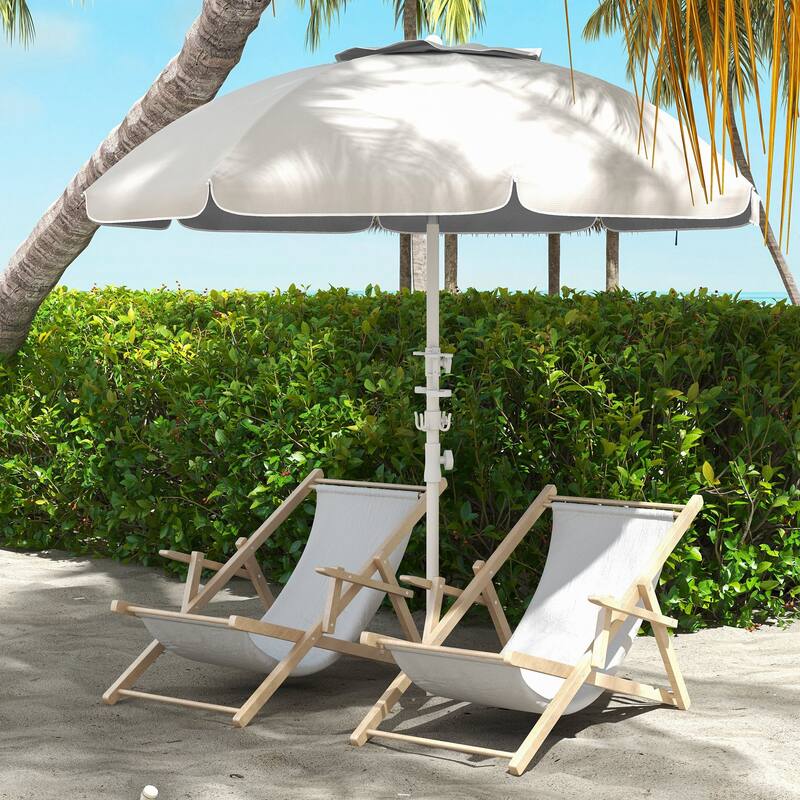 Outdoor Parasol Portable Beach Umbrella with Tilt, Adjustable Height 2 Cup Holders and Hook Ventilated Canopy, for Garden Pool - White