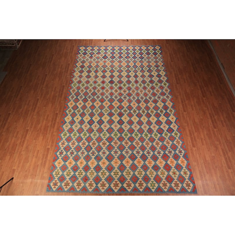 All-Over Trellis Colorful Kilim Large Rug Flatweave Wool Carpet - 10'1" x 15'10"