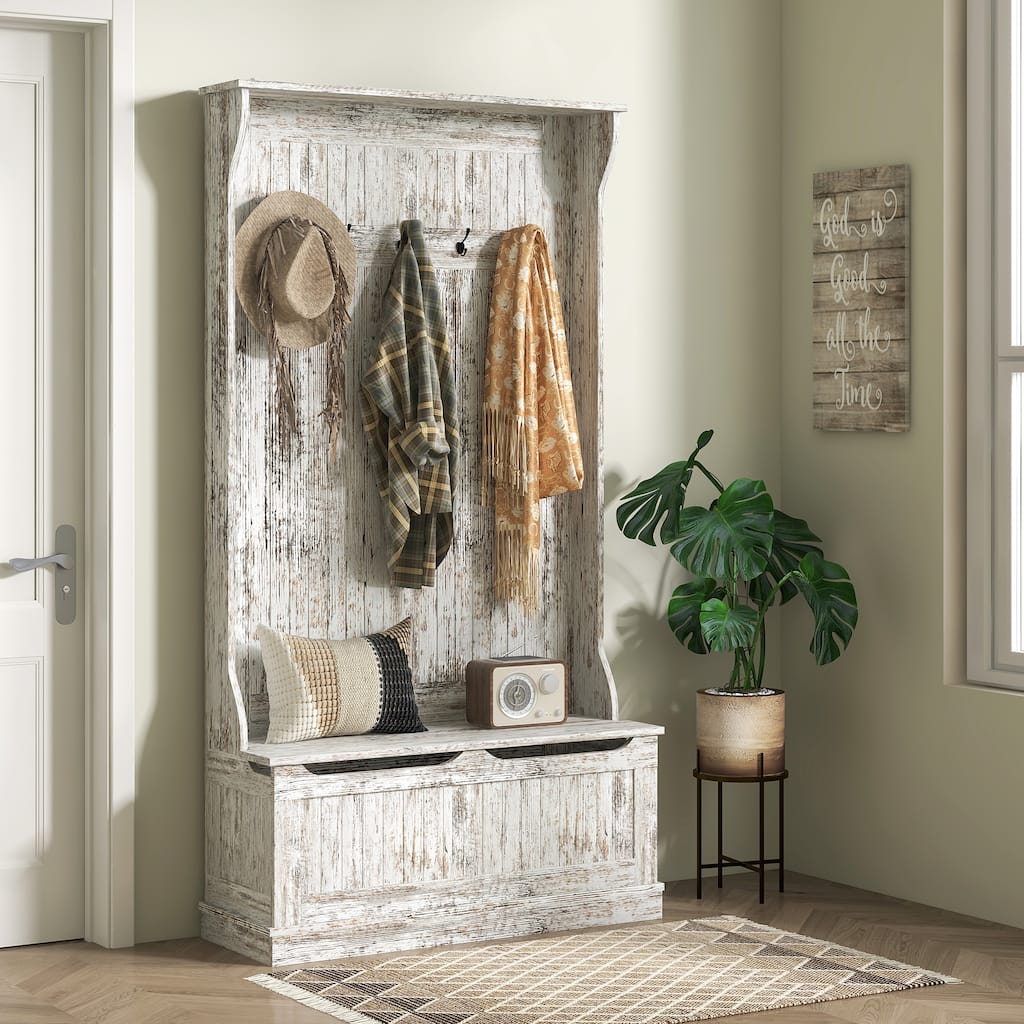 3-in-1 Hall Tree with Storage Bench, Coat Hooks & Shoe Storage - 37.75" W x 13.5" D x 70.75" H