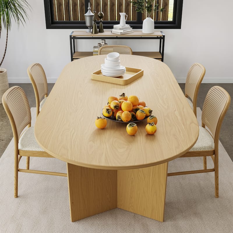 Solid Wood Farmhouse Dining Table with V-Shaped Legs and Oval Wood Top for Modern Dining Rooms & Family Gatherings
