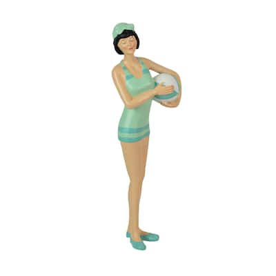 Brunette Bathing Beauty Figurine Hand-Painted Striped Swimsuit, - 13 X 4.25 X 3.5 inches