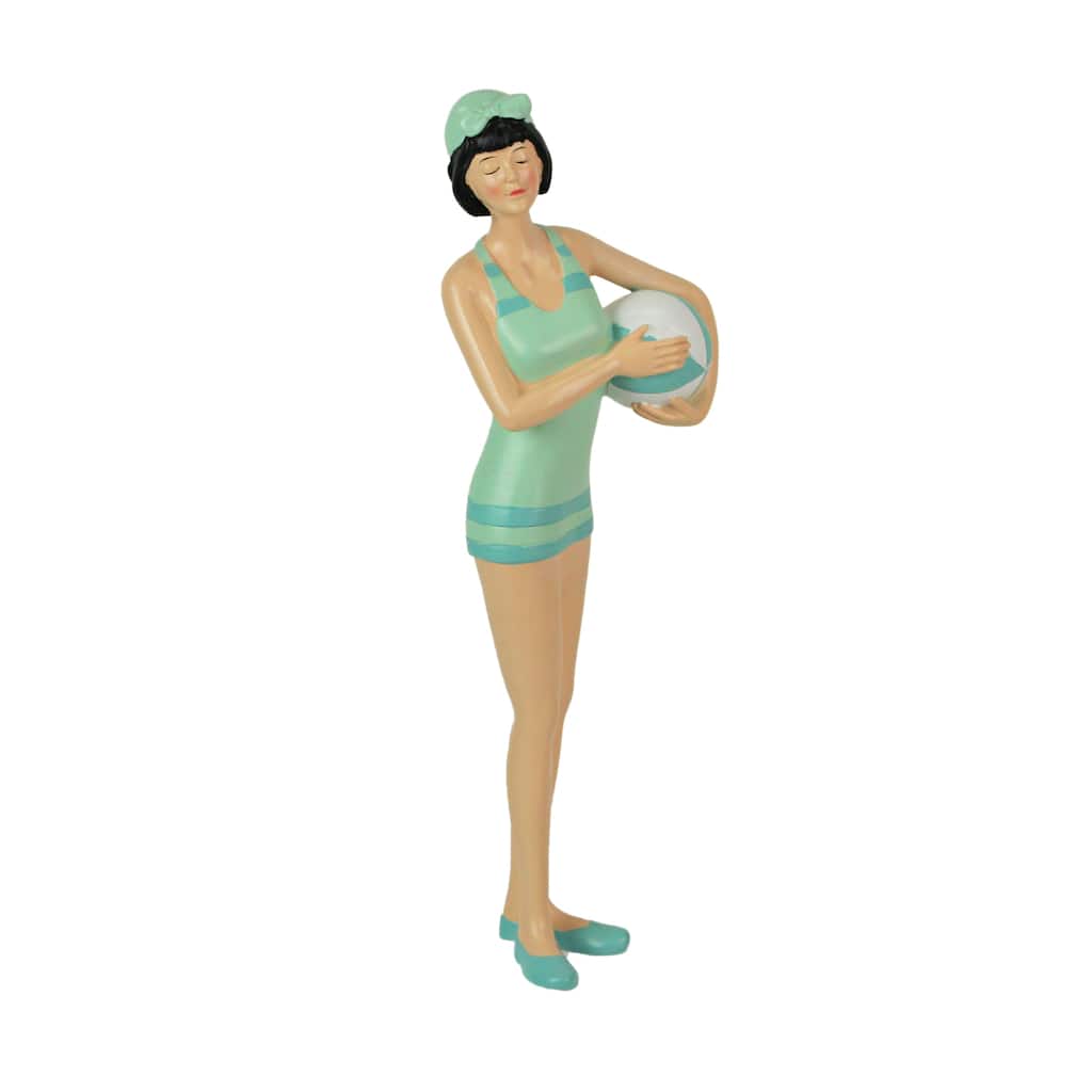 Brunette Bathing Beauty Figurine Hand-Painted Striped Swimsuit, - 13 X 4.25 X 3.5 inches