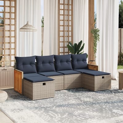 vidaXL 6 Piece Patio Sofa Set with Cushions Gray Poly Rattan - 21.7" x 24.4" x 27.2"