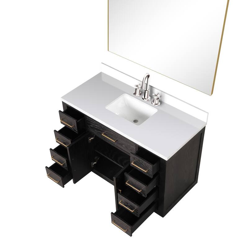 Abbey 48 in W x 22 in D Black Oak Single Bath Vanity, White Quartz Top, Faucet Set, and 46 in Mirror