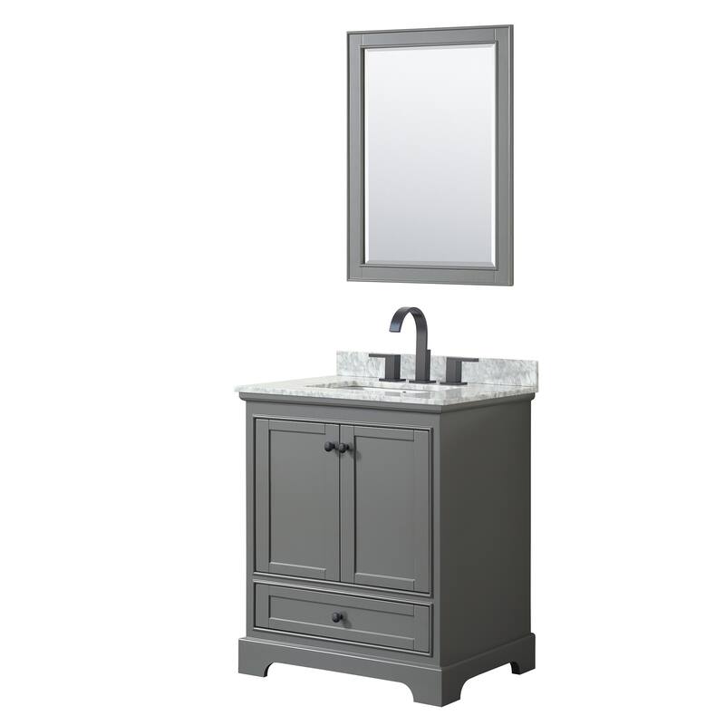 Wyndham Collection Deborah 30" Free Standing Single Vanity Set with - Dark Gray / White Carrara Marble Top / Matte Black - Steel Finish