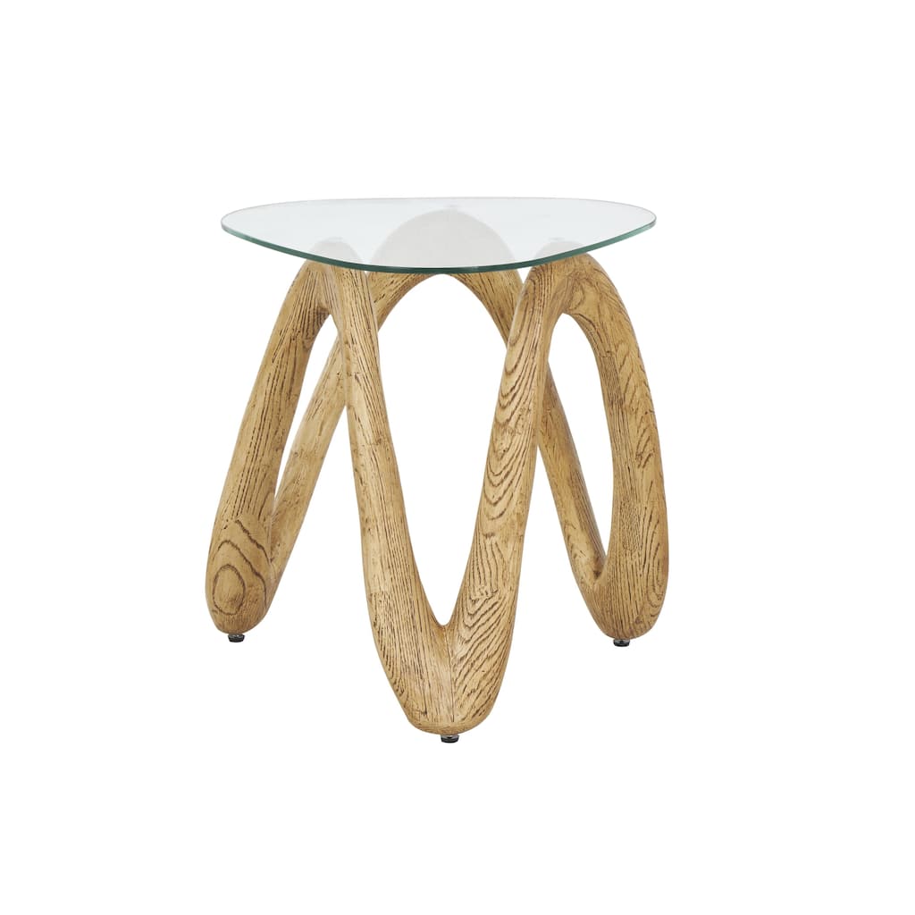 Polystone Abstract Wood Grain Inspired Wavy Accent Table with Glass Tabletop - Light Brown or Beige - Roche River Decor
