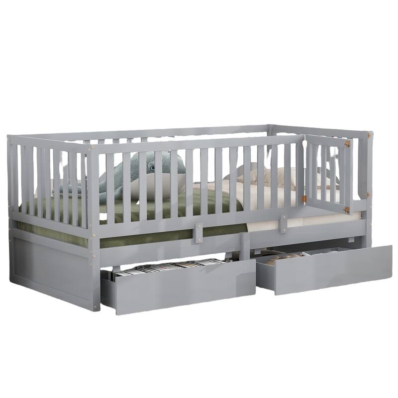 Twin Size Wood Daybed with Fence Guardrails and 2 Drawers