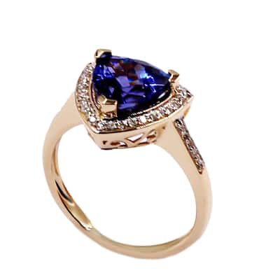 14K Yellow Gold 9mm Trillion Tanzanite, Diamond Ring