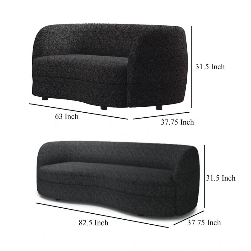 Srey 2pc Sofa and Loveseat Set, Black Boucle, Curved Kidney Shape