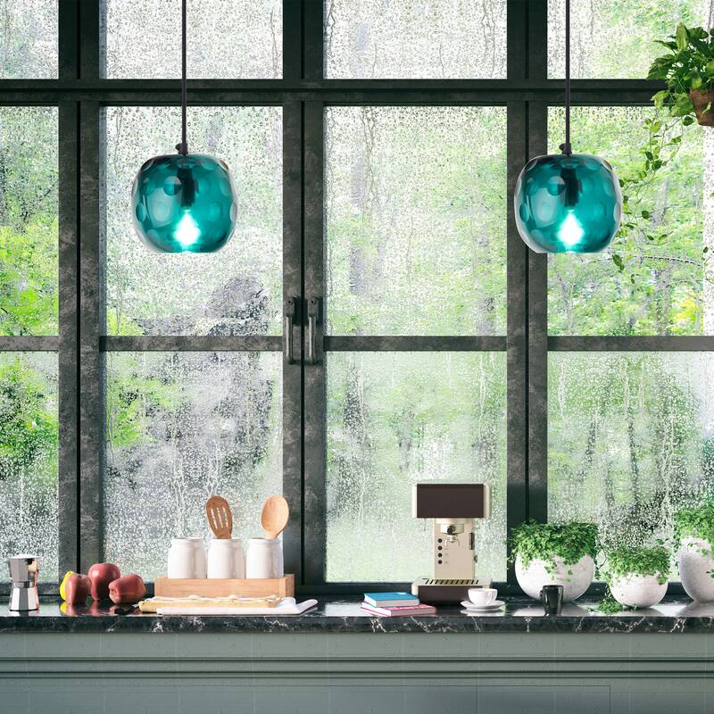 Quinn River of Goods Black Metal and Hand Blown Glass 6-Inch Pendant Light with Adjustable Hanging Cord - 6" x 6" x 60"