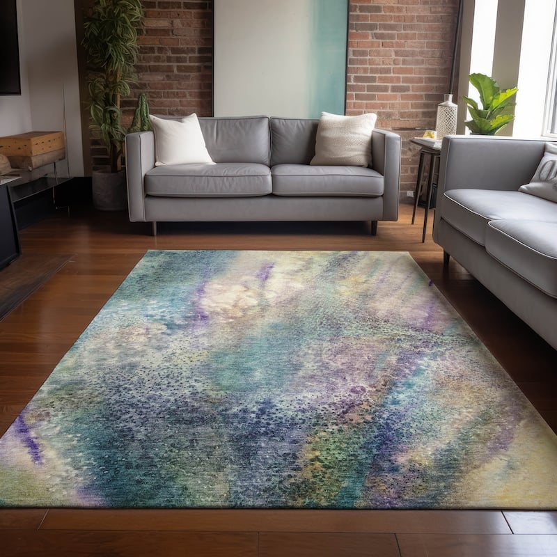 Machine Washable Indoor/ Outdoor Abstract Watercolor Chantille Rug - Blue - 2'6" x 3'10"