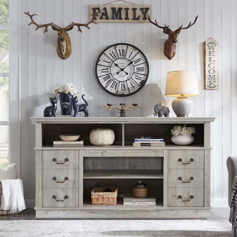 60"W Retro TV Stand Entertainment Center, 2 Cabinets&Open Shelves - 60"W*15.75"D*34.25"H - Grey