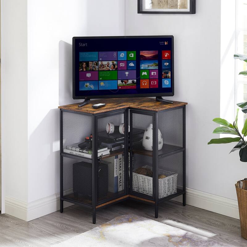 VECELO L-Shaped 3-Tier Corner Cabinet 29.4" End Table with Mesh Doors and Storage Shelves 90° Angle Design Free-Standing Table