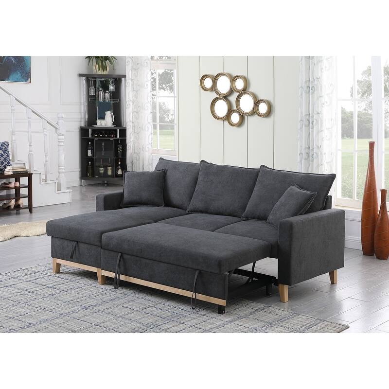 Colton 84.25-inch Dark Gray Woven Reversible Sleeper Sectional Sofa with Storage Chaise - 84.25"W x 57"D x 35"H