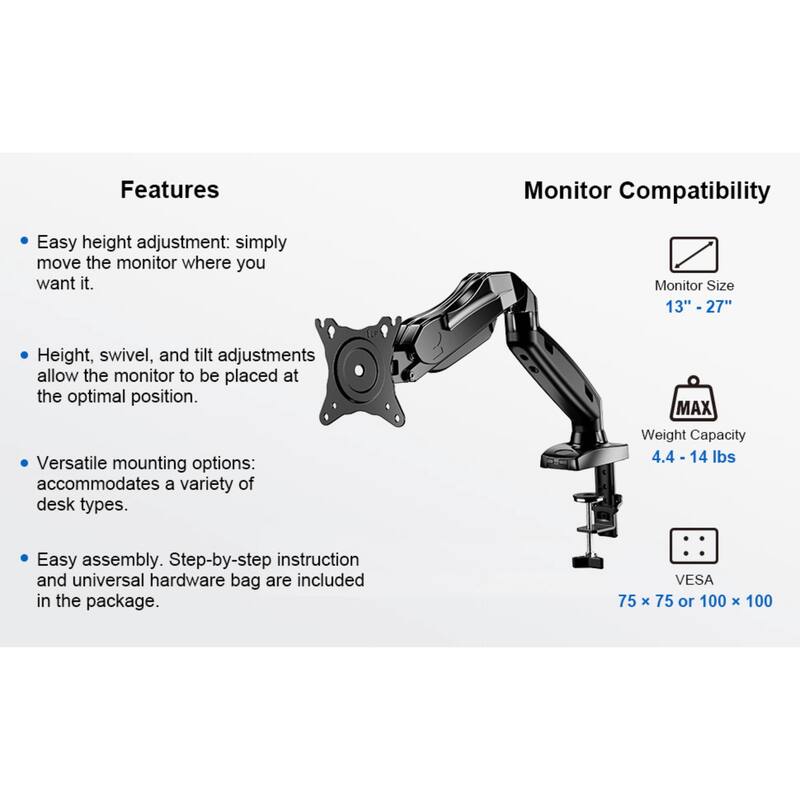ErgoAV Gas Spring Desk Mount for Single Monitors 13" to 27"
